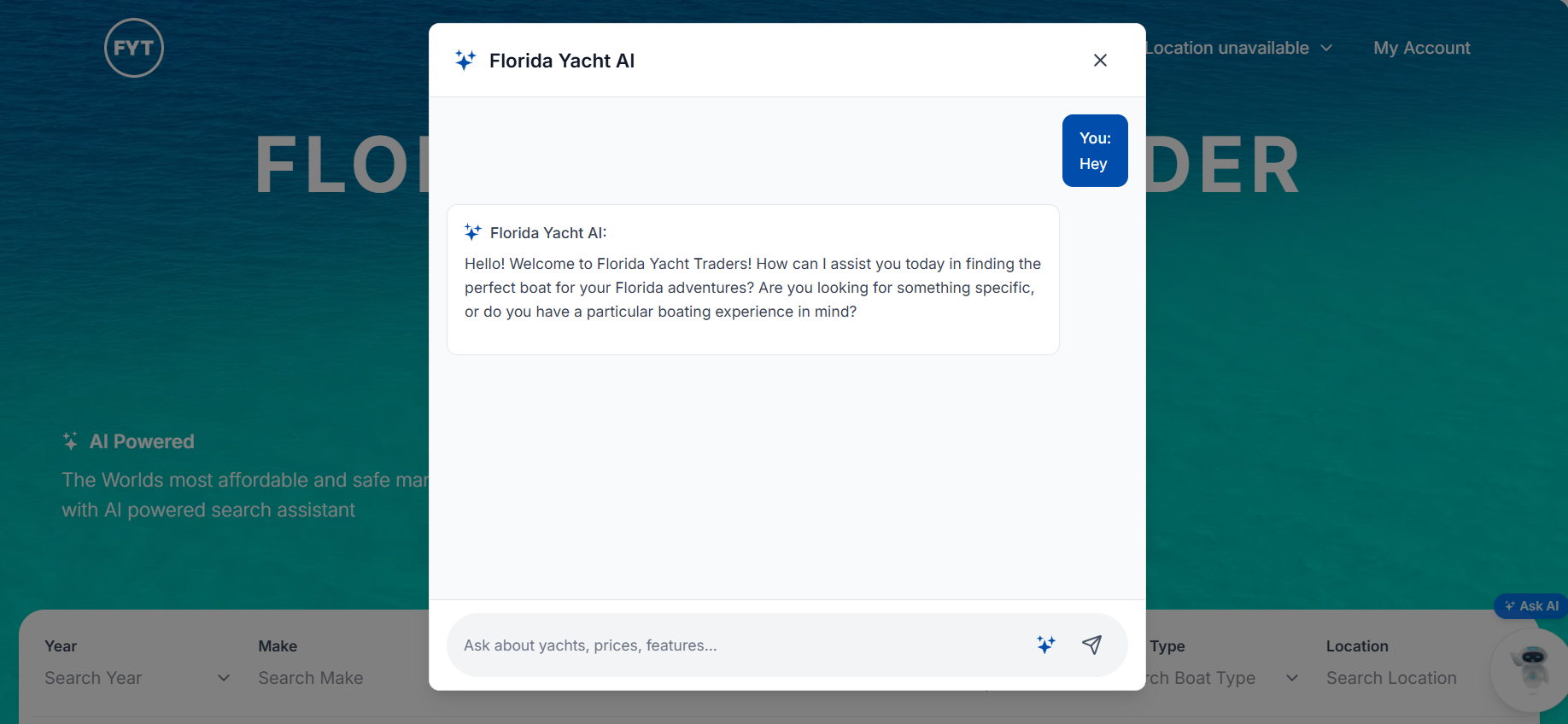 AI-assisted yacht search interface allowing users to describe their desired boat using natural language.