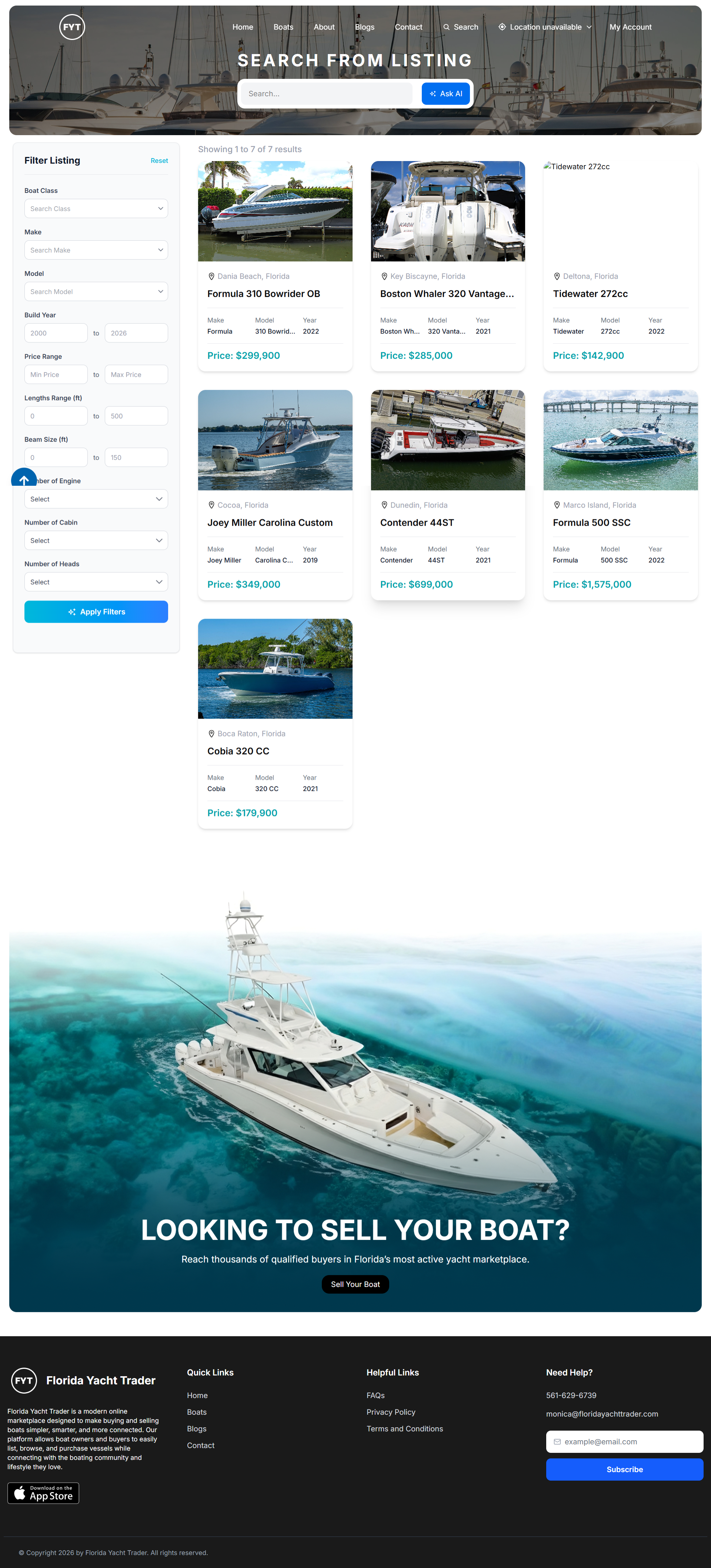 Detailed yacht listing page displaying vessel price, specifications, engine information, dimensions, equipment, and contact details.