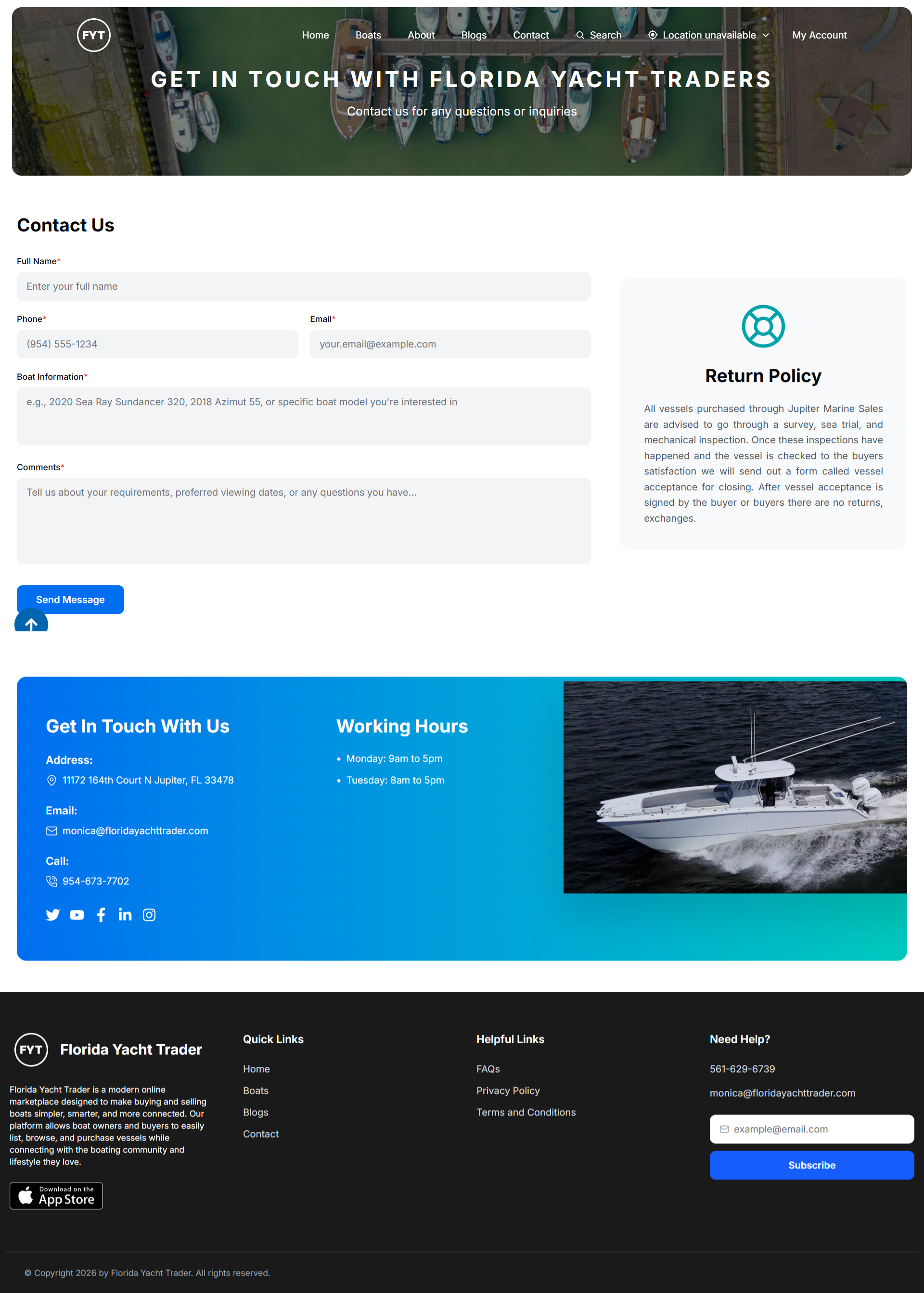 Jupiter Marine Sales buyer inquiry form for contacting the brokerage about a specific boat.