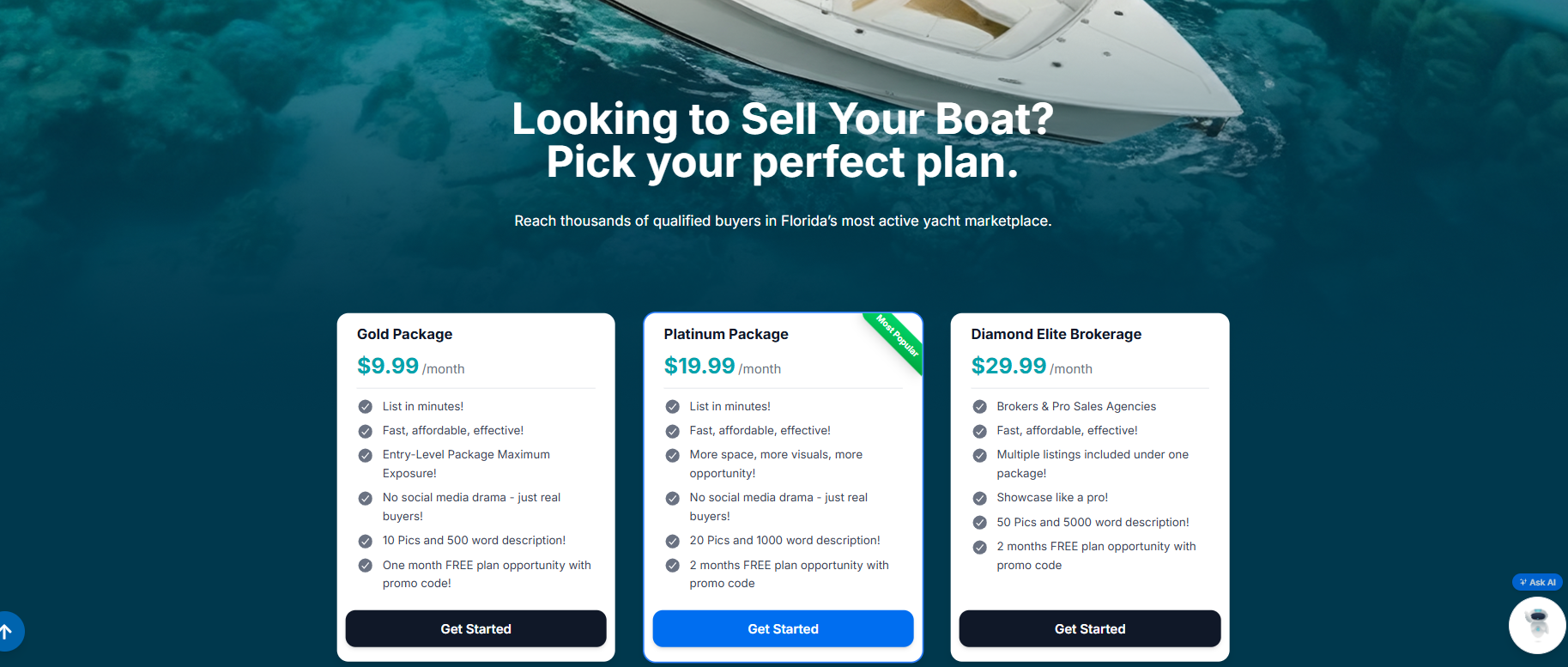 Detailed yacht listing page displaying vessel price, specifications, engine information, dimensions, equipment, and contact details.