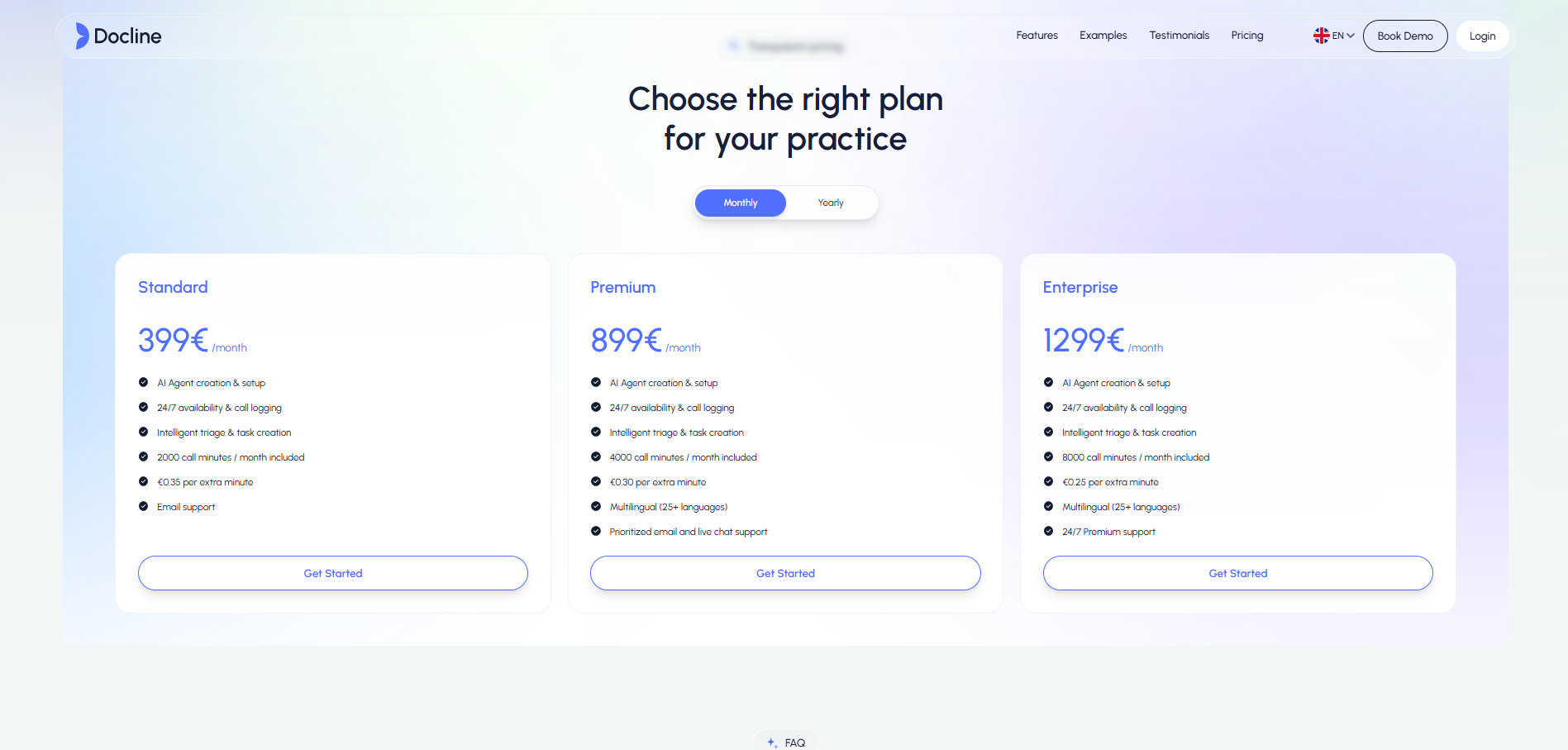 Docline pricing page showing available plans in a structured layout