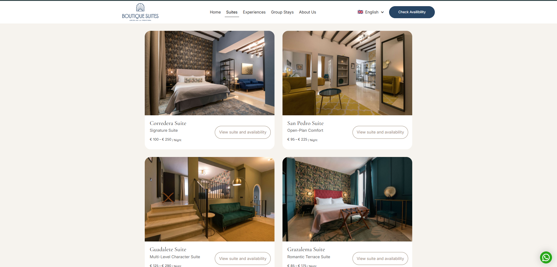 Boutique Suites accommodation page showcasing individual luxury suites and pricing