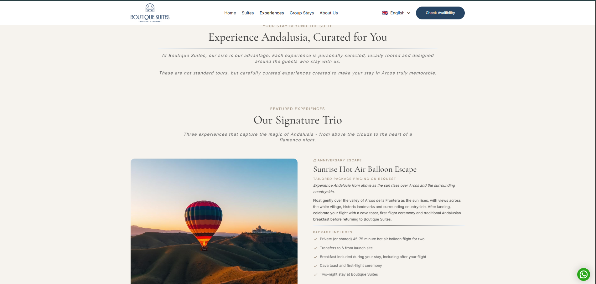 Boutique Suites group stays and experiences page for private celebrations and cultural escapes