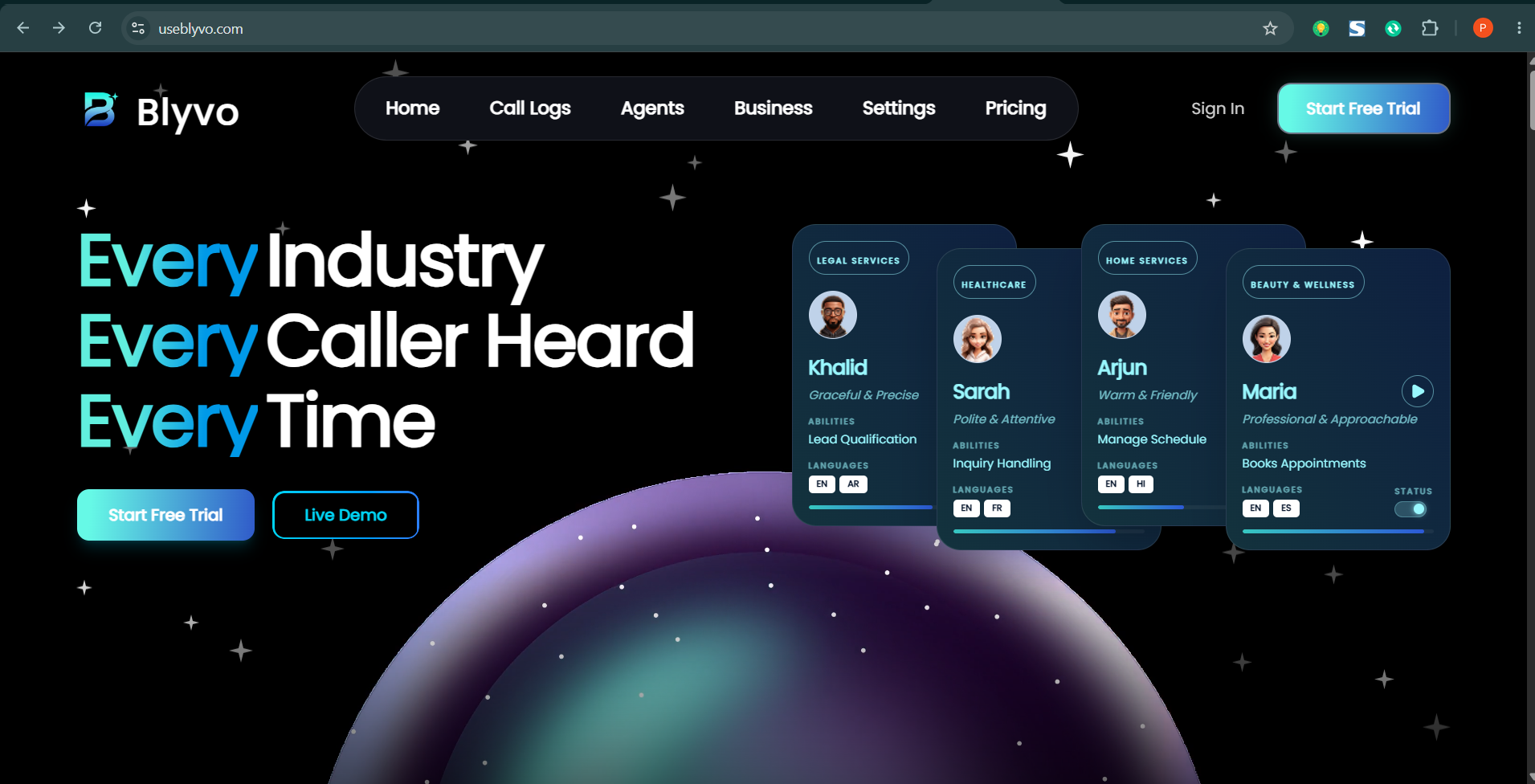 Blyvo AI voice agent platform homepage showing AI receptionist capabilities
