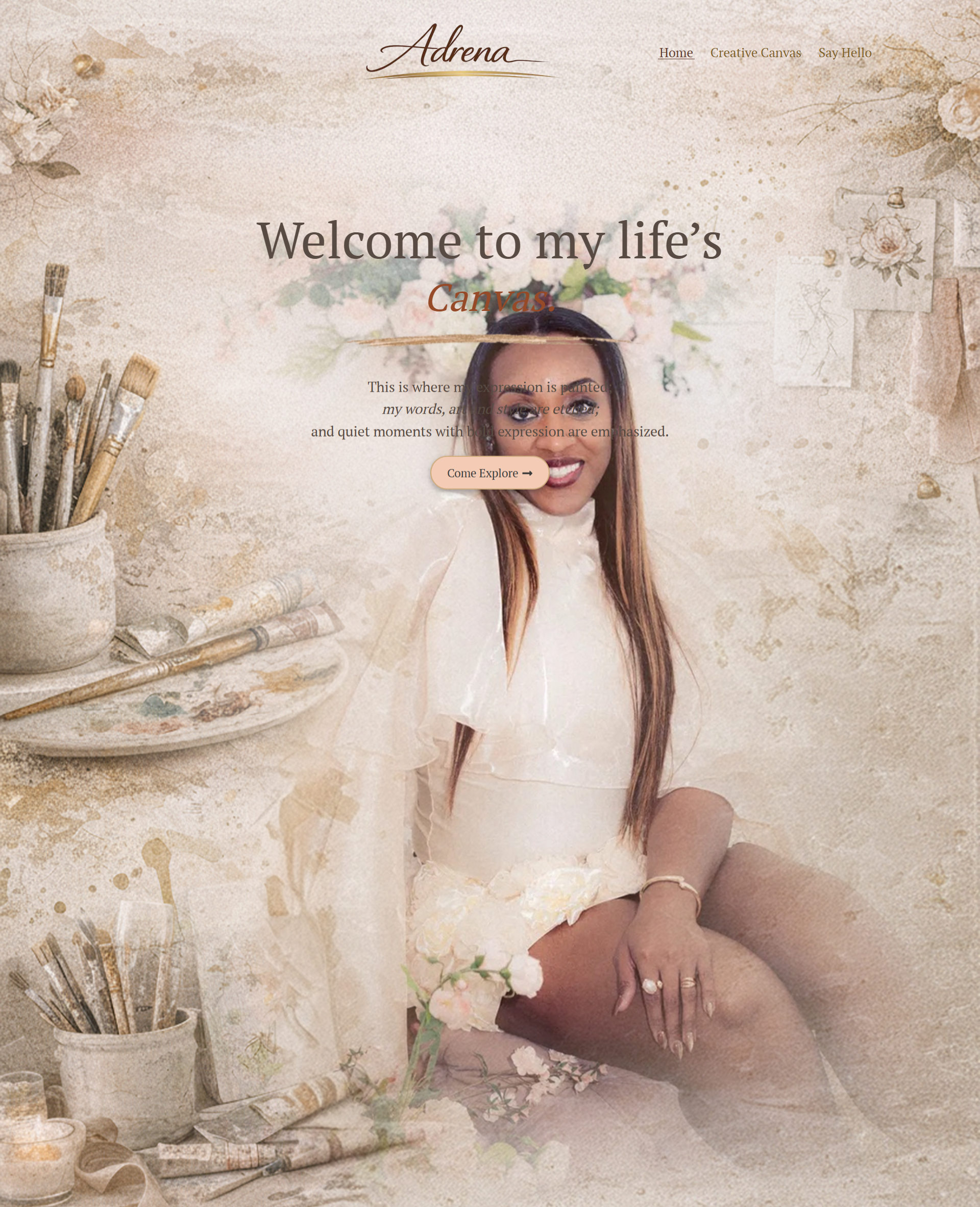 Adrena creative portfolio homepage introducing a personal canvas for stories art and expression
