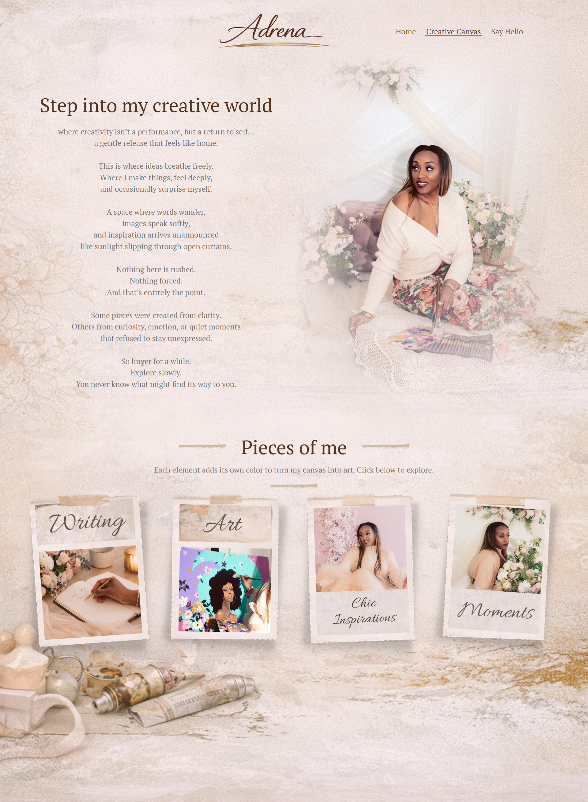 Adrena Creative Canvas page showcasing writing art inspiration and personal expression